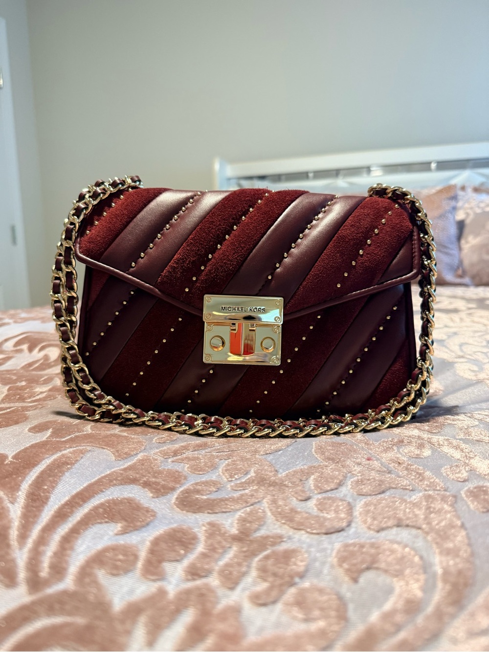 Michael Kors Wine Quilted Chain Crossbody Bag with Gold Hardware